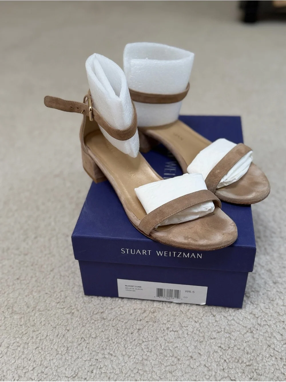 Stuart Weitzman Tan Suede Ankle Strap Block Heel Sandals